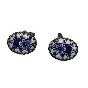 Vintage Sterling Silver DELFT FLOWER Cufflinks Cobalt Blue